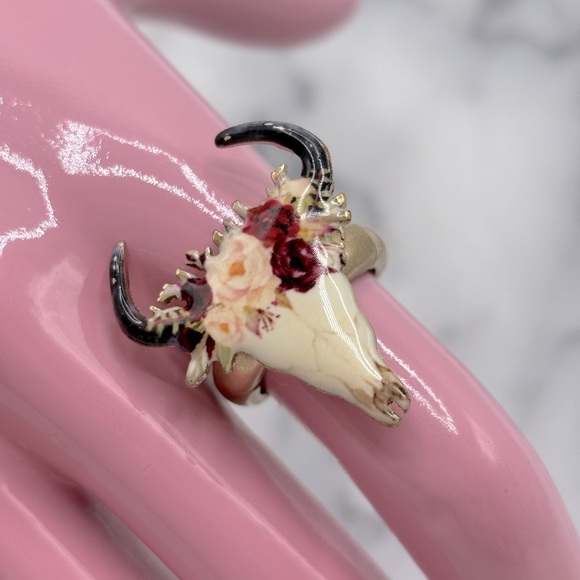 Metal Flower Cow Skull Bull Stretch Finger‎ Ring Jewelry - Picture 3 of 5